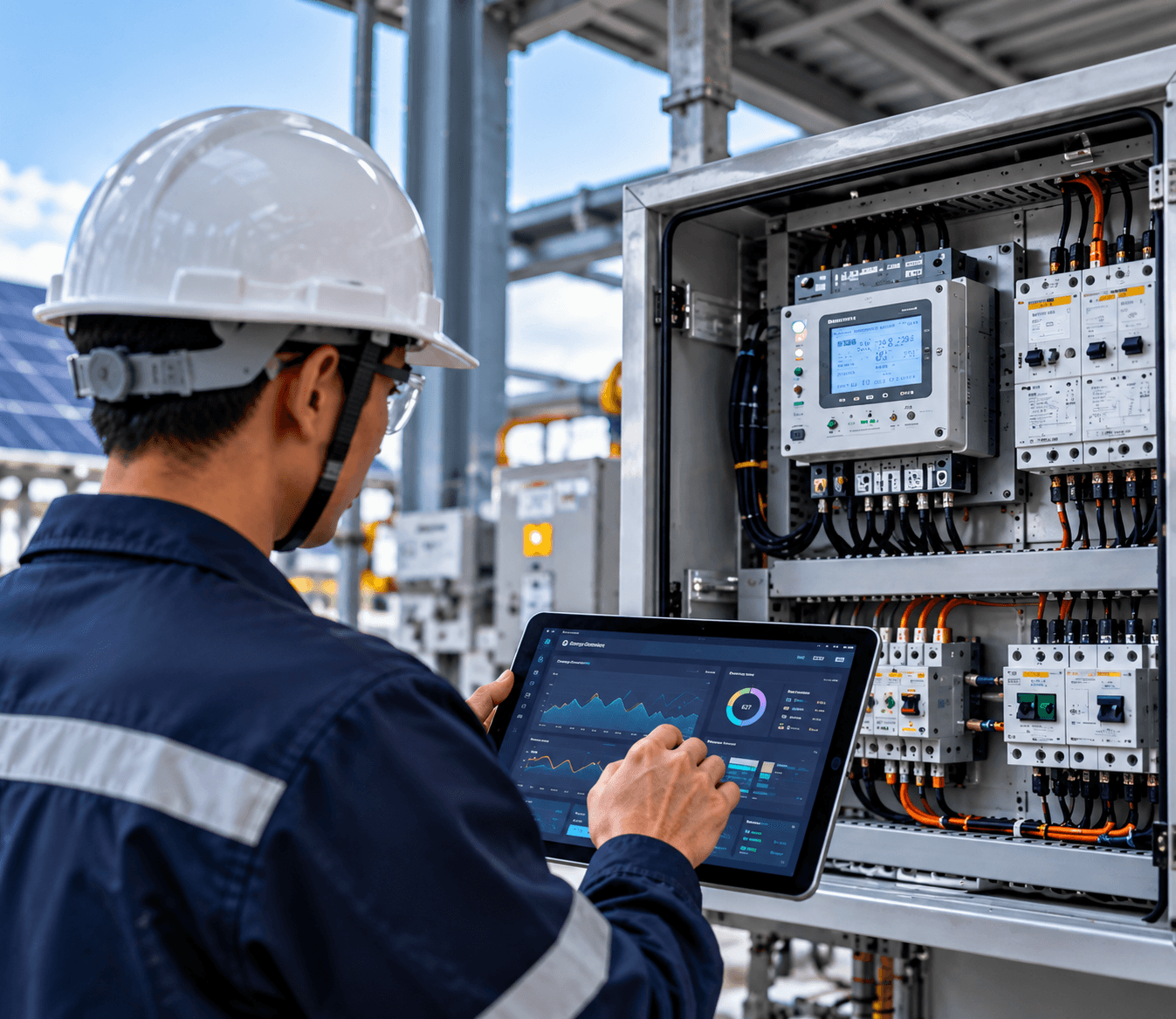 Engineer checking a panel meter's live readings on a tablet at an industrial plant